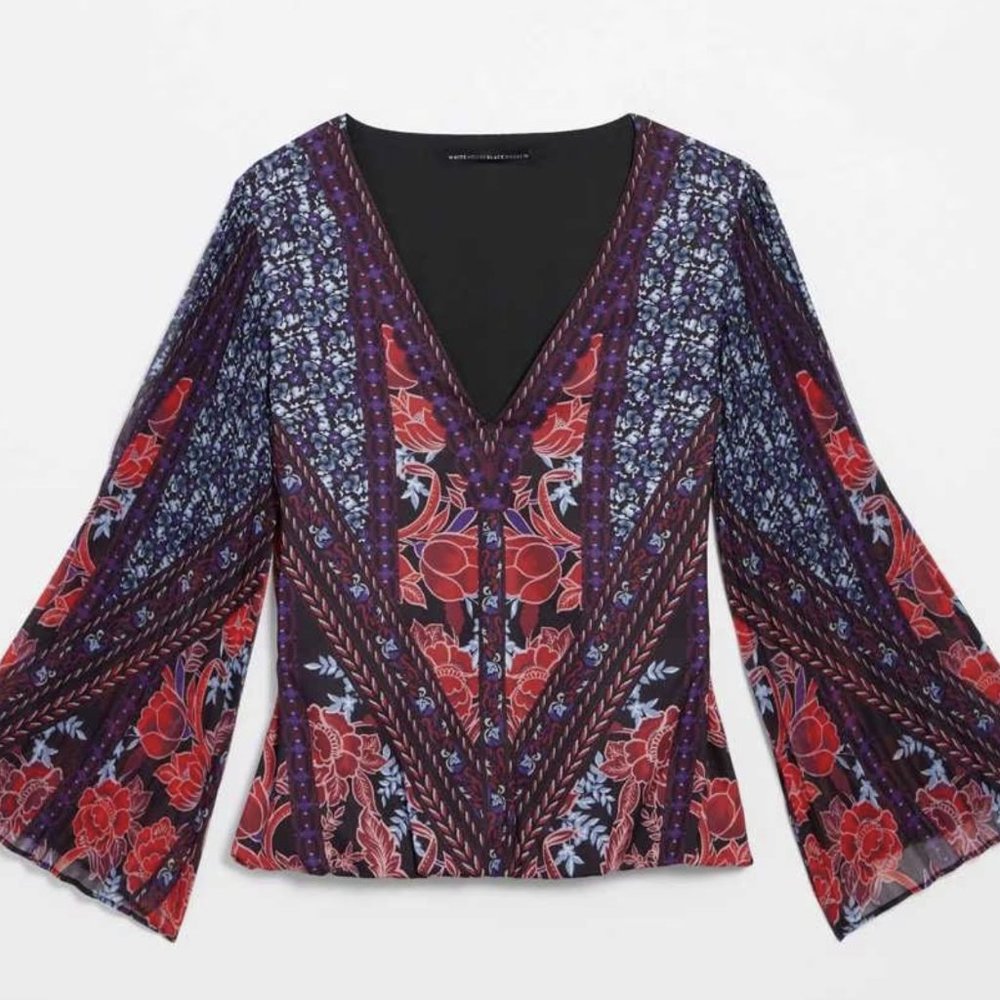 White House Black Market - Petite Pleated Sleeve V-Neck Blouse PM